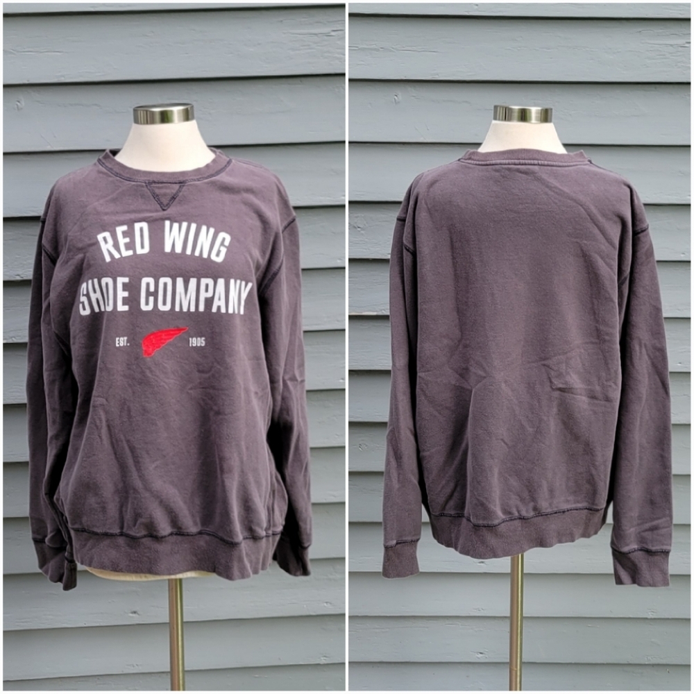 Vintage 90s y2k Red‎ Wing Shoe Company Spellout Logo Grey Pullover Sweater Lg